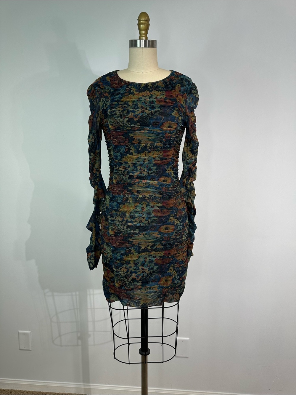 Ganni Ruched Long-Sleeve Floral Bodycon Dress - Navy Multi
